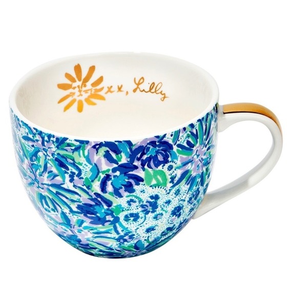 Lilly Pulitzer Ceramic Mugs Set of 2 Blue Floral Paisley Gold Handles 12oz NEW - Picture 5 of 16